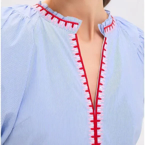 NWT Hyacinth House - S - Blue Pinstripe Embroidered V-Neck Lillian Mini Dress - Picture 5 of 8